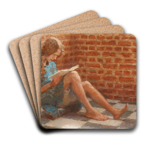 Lsende pige siddende ved en murstensvg by Julius Paulsen Art Drink Coaster set
