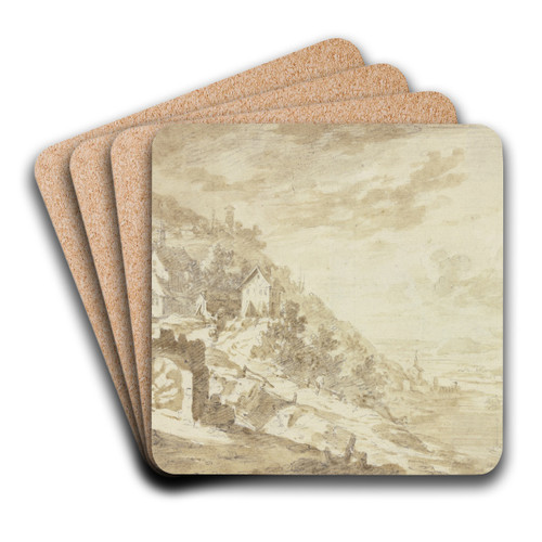 Berghang an einem Fluss mit den Husern eines Dorfes, im Vordergrund ein Steintor by Franz Schtz Art Drink Coaster set