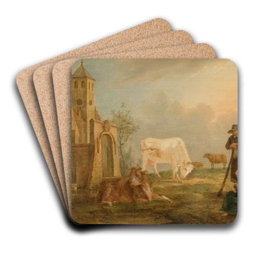 Landscape with Peasants and Cows by Petrus Johannes van Regemorter Art Drink Coaster set