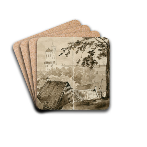 Gezicht op kasteel over daken heen by Pieter van Loon Drink Coasters - set of 4 Gezicht op kasteel over daken heen by Pieter van Loon Drink Coasters - set of 4