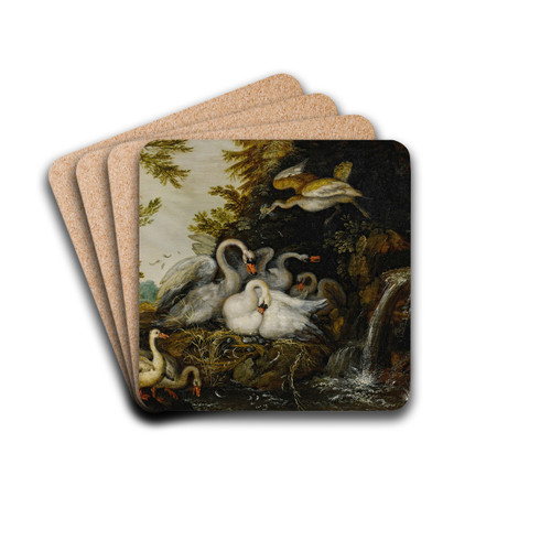 Landscape with swans near a waterfall by Roelant Savery Drink Coasters - set of 4