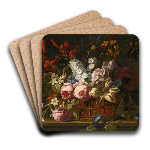 Still life of pink roses,tulips, hyacinths, jasmine and other flowers loosely arranged in awicker basket, all upon a stone ledge by Gaspar Peeter Verbruggen the Elder Art Drink Coaster set