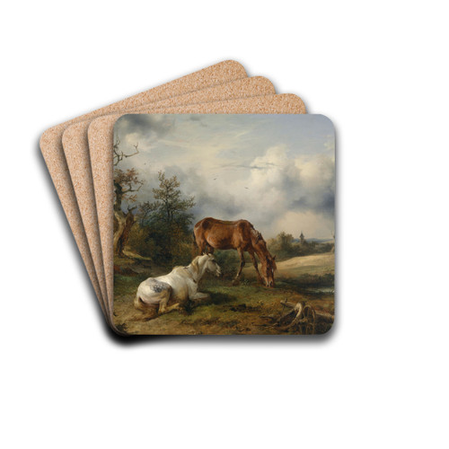 Schimmel und Fuchs auf der Weide by Friedrich August Matthias Gauermann Drink Coasters - set of 4 Schimmel und Fuchs auf der Weide by Friedrich August Matthias Gauermann Drink Coasters - set of 4