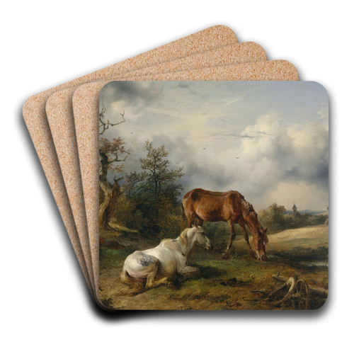 Schimmel und Fuchs auf der Weide by Friedrich August Matthias Gauermann Art Drink Coaster set Schimmel und Fuchs auf der Weide by Friedrich August Matthias Gauermann Art Drink Coaster set