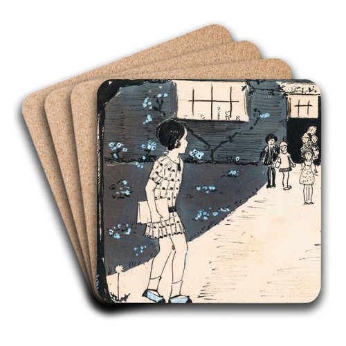 Meisje loopt langs school by A. Tinbergen Art Drink Coaster set