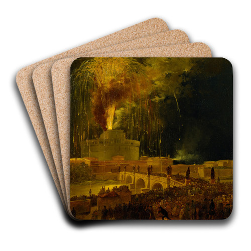 La Girandola Fireworks From Castel Sant'angelo In Rome by Ippolito Caffi Art Drink Coaster set