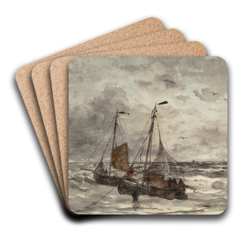 Fishing boats at anchor on a choppy sea by Hendrik Willem Mesdag Art Drink Coaster set