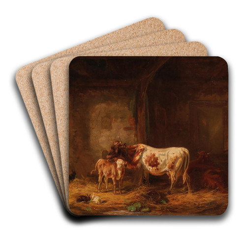 Cows and Rabbits in the Barn by Louis Reinhardt Art Drink Coaster set Cows and Rabbits in the Barn by Louis Reinhardt Art Drink Coaster set