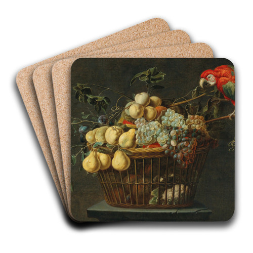 Still life of a basket of fruit with a parrot by Adriaen van Utrecht Art Drink Coaster set