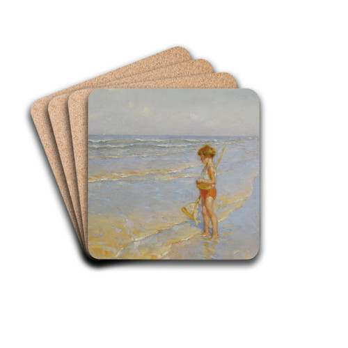 Playing on the beach by Charles Atamian Drink Coasters - set of 4