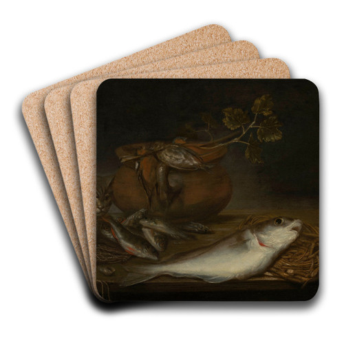 Stilleven met vissen, vogels en een kat by Pieter van Schaeyenborgh Art Drink Coaster set Stilleven met vissen, vogels en een kat by Pieter van Schaeyenborgh Art Drink Coaster set