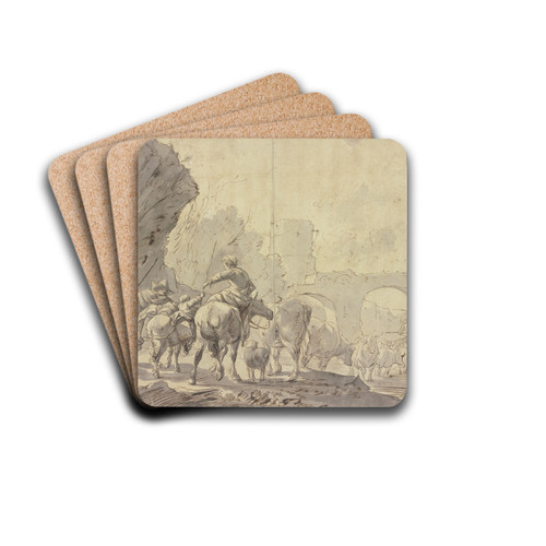 Eine Herde zieht durch Wasser unter einem Brckenbogen durch, gefolgt von einer Hirtin zu Pferde, einem Kinde zu Esel und dem Hirten zu Fu by Johann Heinrich Roos Drink Coasters - set of 4
