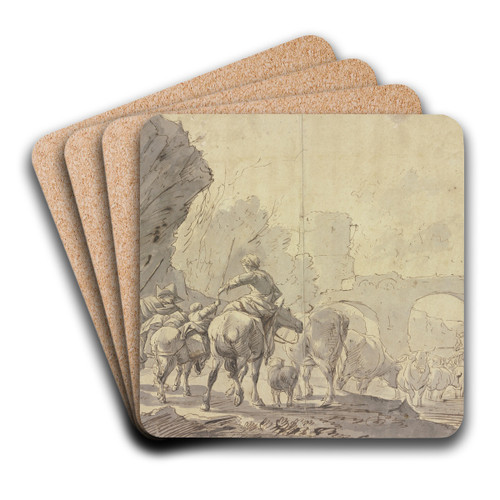 Eine Herde zieht durch Wasser unter einem Brckenbogen durch, gefolgt von einer Hirtin zu Pferde, einem Kinde zu Esel und dem Hirten zu Fu by Johann Heinrich Roos Art Drink Coaster set Eine Herde zieht durch Wasser unter einem Brckenbogen durch, gefolgt von einer Hirtin zu Pferde, einem Kinde zu Esel und dem Hirten zu Fu by Johann Heinrich Roos Art Drink Coaster set