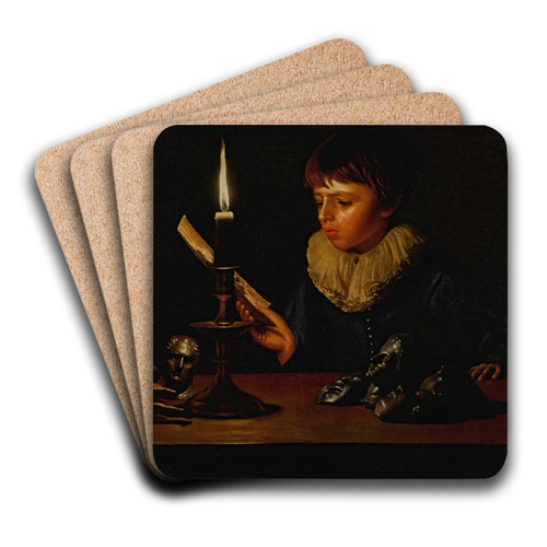 Boy behind a table with statuettes reading by candlelight by Adam de Coster Art Drink Coaster set Boy behind a table with statuettes reading by candlelight by Adam de Coster Art Drink Coaster set
