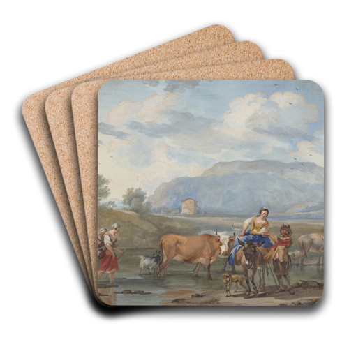 Hirten treiben Khe durch ein Wasser, links trgt eine Frau ihr Kind auf dem Rcken, rechs reitet eine andere auf einem Esel by Aert Schouman Art Drink Coaster set