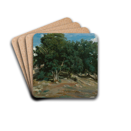 Fontainebleau; Oak Trees at Bas-Brau by Jean-Baptiste-Camille Corot Drink Coasters - set of 4 Fontainebleau; Oak Trees at Bas-Brau by Jean-Baptiste-Camille Corot Drink Coasters - set of 4