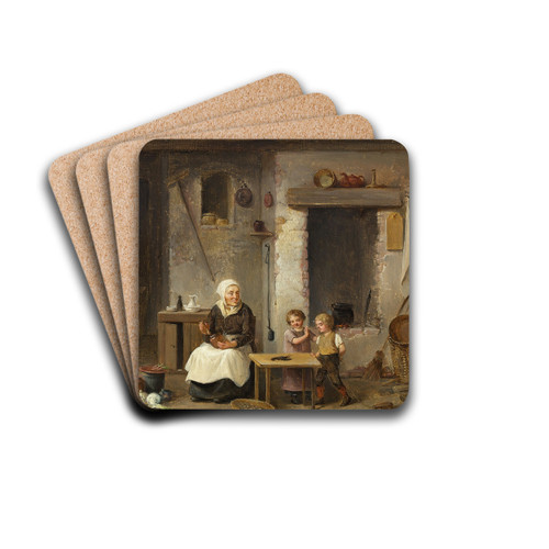 Kkkeninterir med to brn, der betragter en hummer by Christian Andreas Schleisner Drink Coasters - set of 4