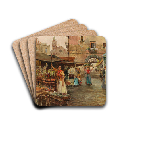 A Market Scene in Naples by Pietro Scoppetta Drink Coasters - set of 4 A Market Scene in Naples by Pietro Scoppetta Drink Coasters - set of 4