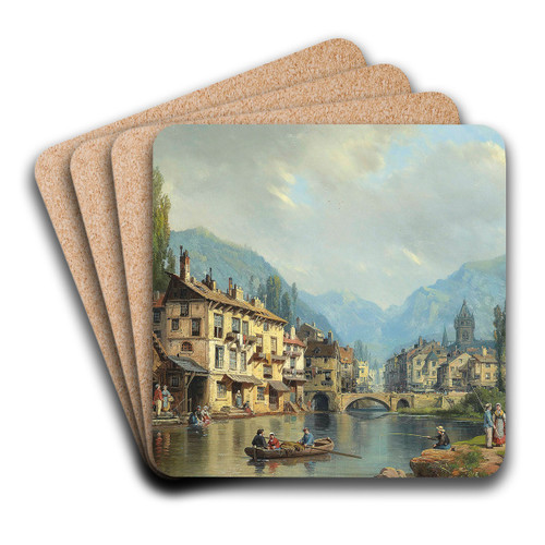 An Alpine Town In Spring by Charles Euphrasie Kuwasseg Art Drink Coaster set An Alpine Town In Spring by Charles Euphrasie Kuwasseg Art Drink Coaster set