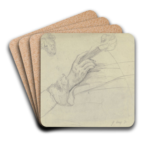 Luise Scholderer, ein Buch lesend, Detail der Hand, sowie Kopf eines brtigen Mannes im Profil nach links by Otto Scholderer Art Drink Coaster set