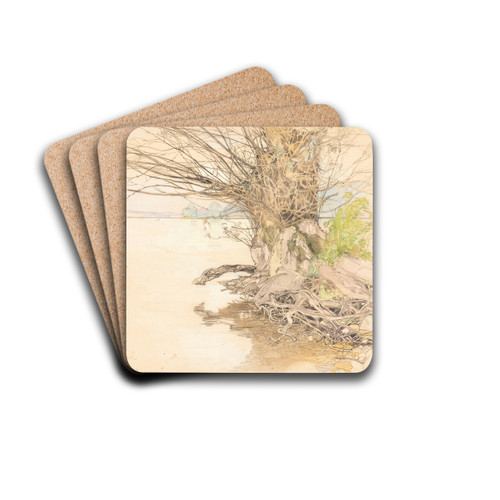 A willow tree at the lake shore by Fritz Lach Drink Coasters - set of 4