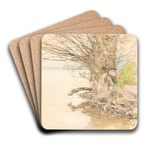 A willow tree at the lake shore by Fritz Lach Art Drink Coaster set