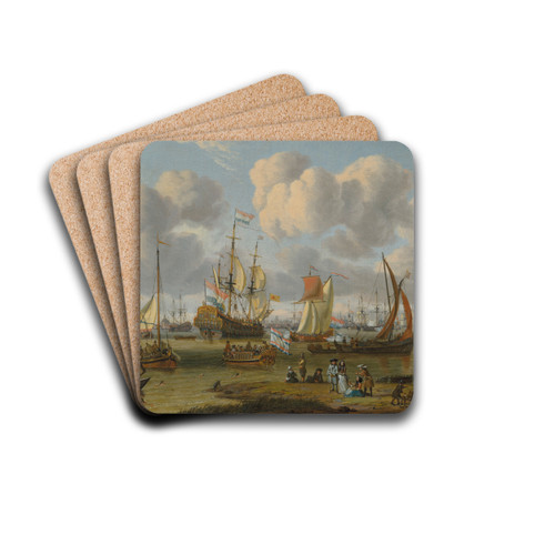 Shipping off Amsterdam with figures on a quay by Abraham Storck Drink Coasters - set of 4