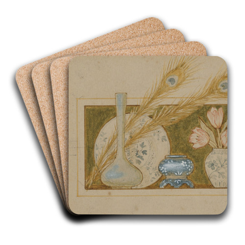 Vignette of two peacock feathers and china by John George Sowerby Art Drink Coaster set Vignette of two peacock feathers and china by John George Sowerby Art Drink Coaster set
