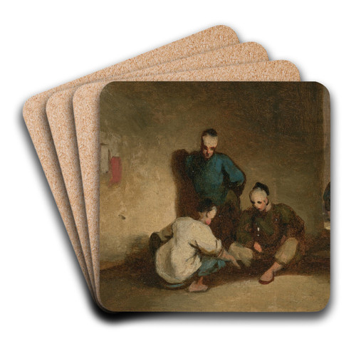 A street scene in Macau with three men gambling by George Chinnery Art Drink Coaster set