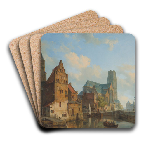 A View Of The Delftse Vaart And St Laurens Church, Rotterdam by Cornelis Springer Art Drink Coaster set A View Of The Delftse Vaart And St Laurens Church, Rotterdam by Cornelis Springer Art Drink Coaster set