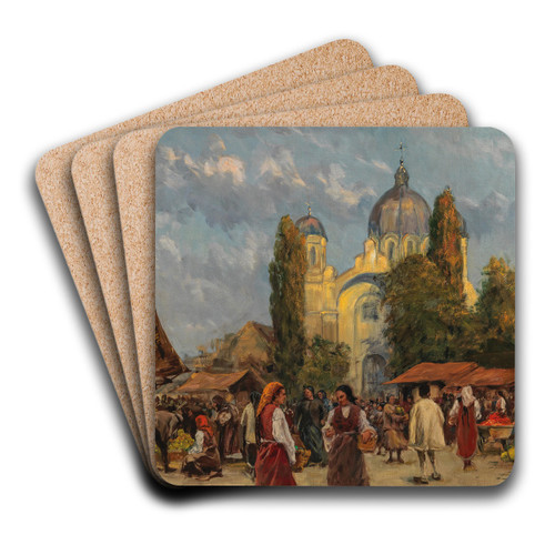 Markt in Sofia by Max Friedrich Rabes Art Drink Coaster set Markt in Sofia by Max Friedrich Rabes Art Drink Coaster set