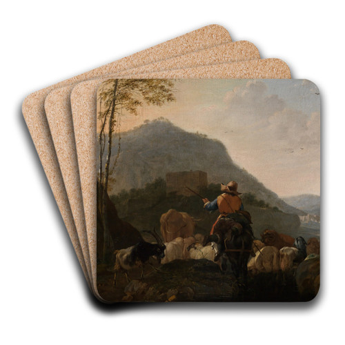 Ausziehende Hirten mit ihrer Herde in sdlicher Berglandschaft by Johann Heinrich Roos Art Drink Coaster set