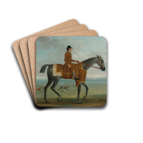 A Grey Racehorse With A Jockey Up Exercising On Newmarket Heath by James Seymour Drink Coasters - set of 4 A Grey Racehorse With A Jockey Up Exercising On Newmarket Heath by James Seymour Drink Coasters - set of 4