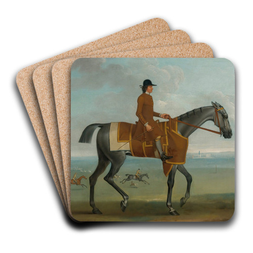 A Grey Racehorse With A Jockey Up Exercising On Newmarket Heath by James Seymour Art Drink Coaster set A Grey Racehorse With A Jockey Up Exercising On Newmarket Heath by James Seymour Art Drink Coaster set