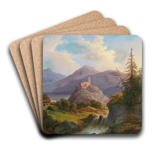 Landscape with Mountain Torrent and Castle in the Distance by Matthias Rudolf Toma Art Drink Coaster set