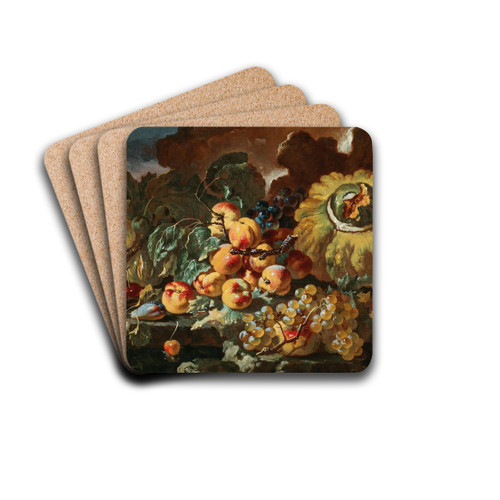 Peaches, apples, plums and cherries by a pumpkin, on a stone ledge by Giovanni Paolo Castelli Drink Coasters - set of 4