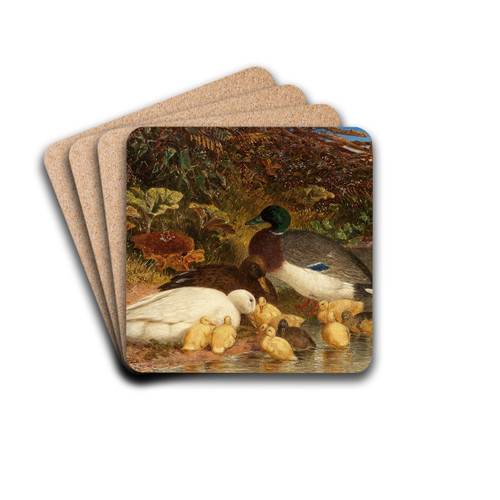 Ducks and ducklings by a pond by John Frederick Herring Snr. Drink Coasters - set of 4