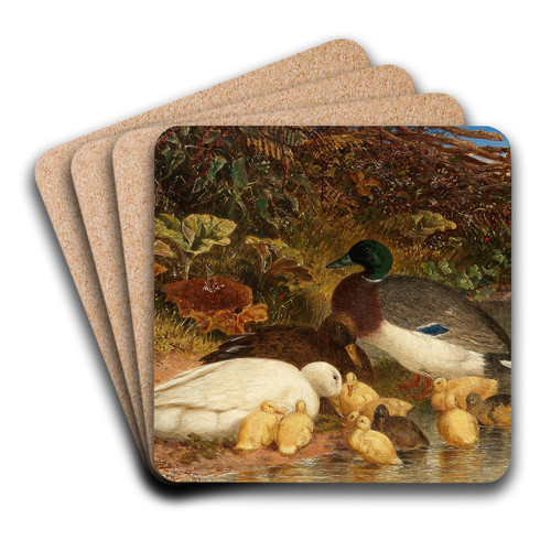 Ducks and ducklings by a pond by John Frederick Herring Snr. Art Drink Coaster set