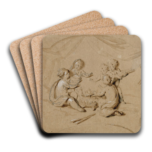 Putti warmen zich bij een vuur, de Winter by Jacob de Wit Art Drink Coaster set