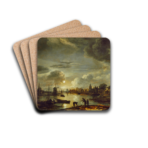 Canal Scene by Moonlight by Aert van der Neer Drink Coasters - set of 4 Canal Scene by Moonlight by Aert van der Neer Drink Coasters - set of 4