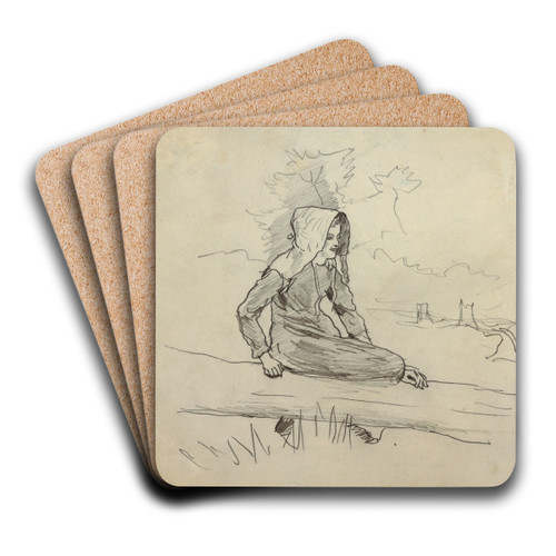 Girl Seated on a Tree Trunk by Winslow Homer Art Drink Coaster set Girl Seated on a Tree Trunk by Winslow Homer Art Drink Coaster set