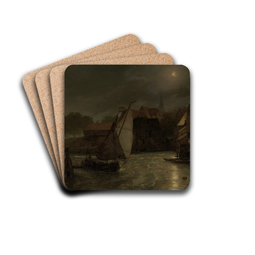 Boats on a canal, moonlight by Andreas Achenbach Art Drink Coaster set