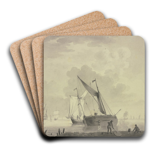 Ruhige See mit Schiffen, vorne rechts sind Matrosen mit dem Teeren eines Schiffes beschftigt by Cornelis Thim Art Drink Coaster set