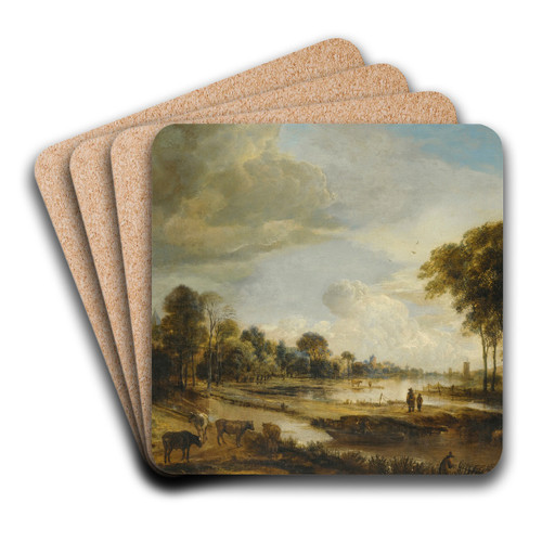 A River Landscape With Figures And Cattle by Aert van der Neer Art Drink Coaster set A River Landscape With Figures And Cattle by Aert van der Neer Art Drink Coaster set