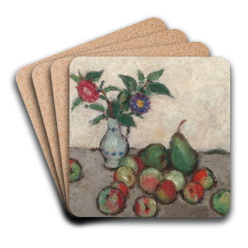 Still life with flowers in a blue and white vase with apples and pears on a table by Georges d'Espagnat Art Drink Coaster set