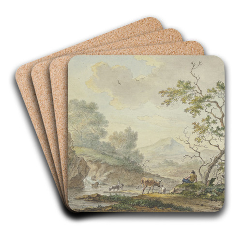 Bei einem Wasserfall ein Hirte mit einer Kuh und Ziegen by Johannes Christiaan Janson Art Drink Coaster set Bei einem Wasserfall ein Hirte mit einer Kuh und Ziegen by Johannes Christiaan Janson Art Drink Coaster set