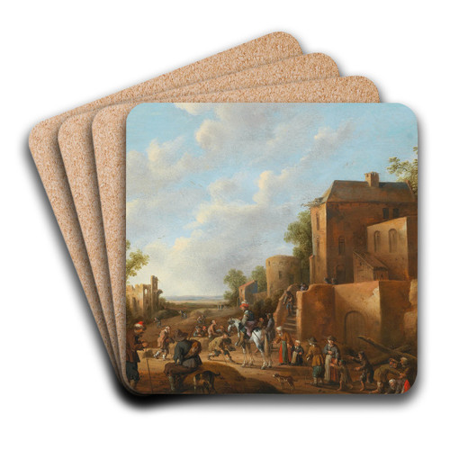 A village landscape with country folk near a tavern by Joost Cornelisz Droochsloot Art Drink Coaster set