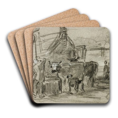 Farmyard with Man and Cattle by Constant Troyon Art Drink Coaster set