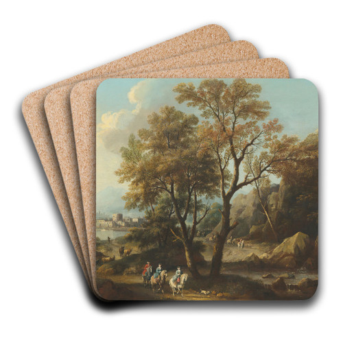 A river landscape with travellers on a path by Giovanni Battista Cimaroli Art Drink Coaster set