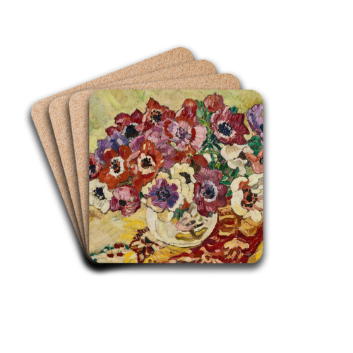 Bouquet d'anmones au vase  l'oiseau sur fond jaune by Louis Valtat Drink Coasters - set of 4 Bouquet d'anmones au vase  l'oiseau sur fond jaune by Louis Valtat Drink Coasters - set of 4